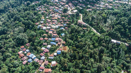 Landscape of Doi Sakad mountain valley in Pua, Nan Province, Thailand during rainy season. Photo from aerial view by droneの写真素材