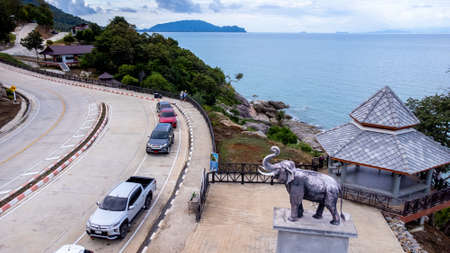 Nakorn Sri Thammarat province, Thailand - October 2021 : Ocean Road and sand beach in Khanom Sichon Road at Khao Phlai Dam view point.のeditorial素材