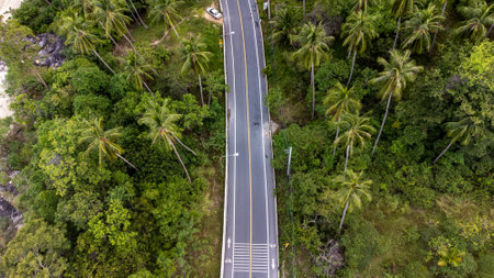 Ocean Road and sand beach in Khanom Sichon Road at Khao Phlai Dam, Nakorn Sri Thammarat province, Thailand. Shot by Drone Aerial Viewの写真素材