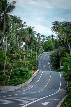 Khanom Sichon Road at Khao Phlai Dam view point. Shot by Drone Aerial View at Nakorn Sri Thammarat province, Thailandの写真素材