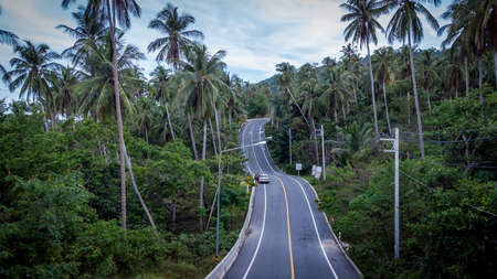 Khanom Sichon Road at Khao Phlai Dam view point. Shot by Drone Aerial View at Nakorn Sri Thammarat province, Thailandの写真素材