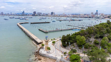 Beautiful Aerial view of the Bali Hai Pier. Famous place for the main pier to travel to Koh Larn from Pattaya city, Thailand and relax in holiday.の写真素材
