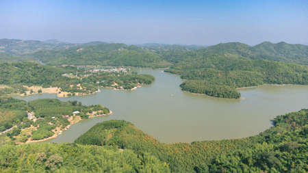 Area of Huai Krathing reservoir with bamboo raft shelter for Rafting and Eating. Beautiful natural...