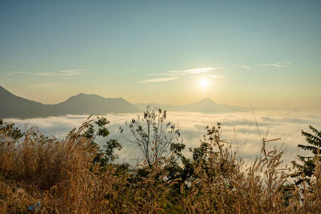 Sea of Fog covers the area on the top of hill Doi Phu Thok, Chiang Khan, Loei, Thailand with background of sunrise on winter.の写真素材