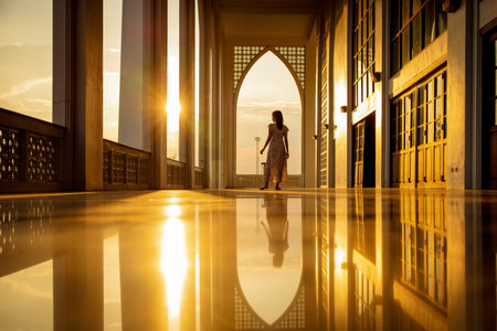 Lady in silhoette in area of Central Mosque in Songkhla province, Southern of Thailand. Photo reflection of shadow by polished floorの写真素材