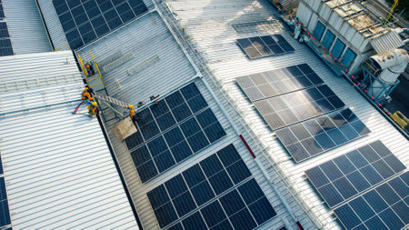 Fly over unidentified Engineering set up a Solar cell on the roof of a large industrial factory....