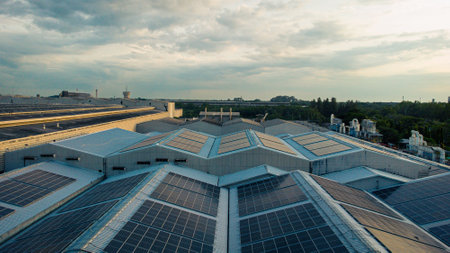 Solar cells on the solar farms of a large industrial factory. Solar farms are generating renewable...