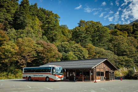Shirakawa, Gifu, Japan - October 2022 - Shirakawago tourist bus center during fall foliage in the autumn season with few tourists after covid situation.のeditorial素材