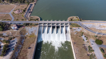 An aerial view over the Pasak Jolasid dam, Lopburi Province, Thailand. Tracking the movement of the floodgates that are releasing water into rural canals in enormous amounts of watの写真素材