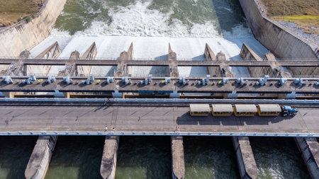 An aerial view over the Pasak Jolasid dam, Lopburi Province, Thailand. Tracking the movement of the...