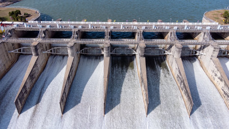 An aerial view over the Pasak Jolasid dam, Lopburi Province, Thailand. Tracking the movement of the...