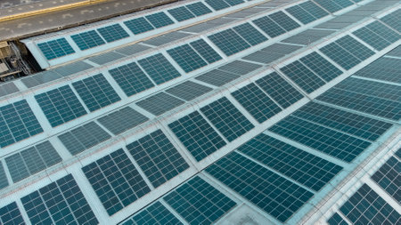 Solar panels on the roof of a building in Dubai, United Arab Emiratesの写真素材