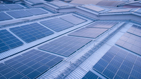 Solar panels on the roof of a modern building, close-upの写真素材