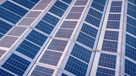 Photovoltaic panels for renewable electric production in solar power plantの写真素材