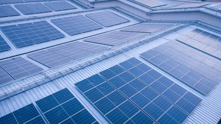 Solar panels on the roof of a building in a solar power plantの写真素材