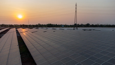 solar energy at sunset, photovoltaic modules for innovation green energyの写真素材