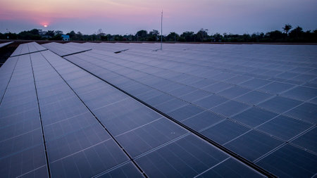 Solar Panels for Solar Power in the Garden at Sunset, Thailand