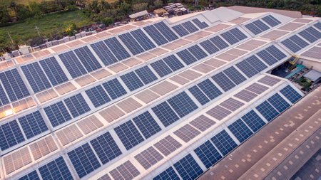 Solar power plant in Thailand. Aerial view of solar photovoltaic panels.の写真素材