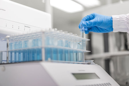 Close-up on liquid medicine  production and focus on Pills During Enema Production and Packing Process on Modern Pharmaceutical Factory.  Concept of Medical Drug Manufacturing Pharma business line.の写真素材