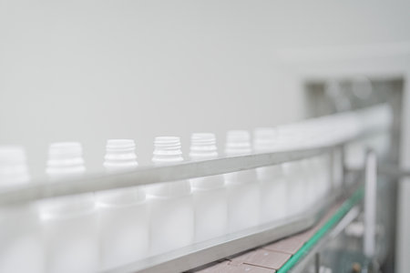 Close-up on liquid medicine  production and focus on Pills During Enema Production and Packing Process on Modern Pharmaceutical Factory.  Concept of Medical Drug Manufacturing Pharma business line.の写真素材