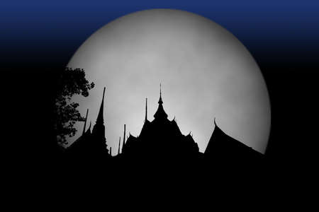 Shadow Temple Thailand culture with moon. Photo collage.の写真素材
