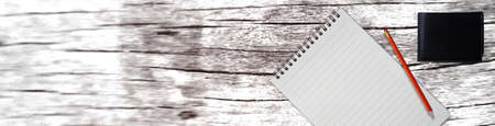 Design of standard horizontal web banners with space for text - Top view Blank paper and Mobile on...