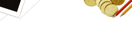 Design of standard horizontal web banners with space for text - Top view Coin and Mobile on white...
