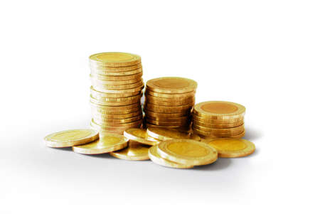 Coins tower on white backgroundの写真素材
