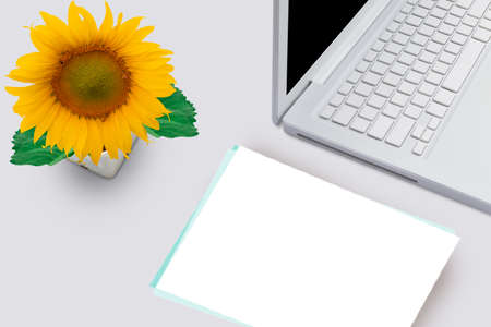 Knolling work table view with a laptop and blank paper - Office desk table with supplies and computer on white backgroundの写真素材