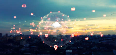 Social media icon communication internet network connection city skyscraper panorama view. Wireless network and Connection technology conceptの写真素材