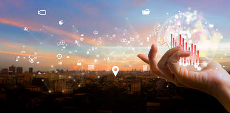 Plan business growth business and technology target set goals and achievement icon panorama view. Wireless network and Connection technology conceptの写真素材