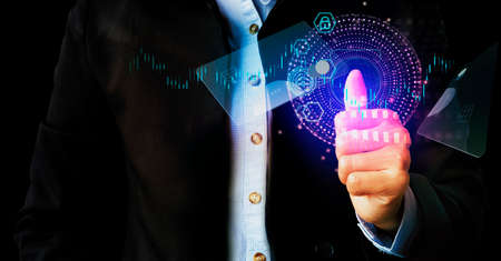 Fingerprint scan provides security access with credit card biometrics identification 3D illustration - Technology Safety Internet Concept banner template backgroundの写真素材