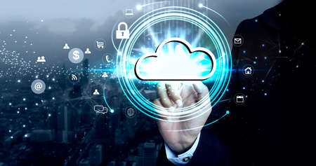Finger touch with virtual cloud computing icon over the Network connection, Cyber Security Data...