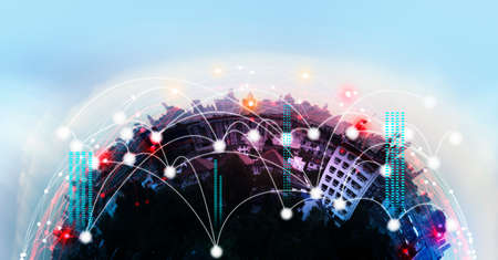 Network Connection technology and Smart city concept.5G network and aesthetic Intricate wave line...