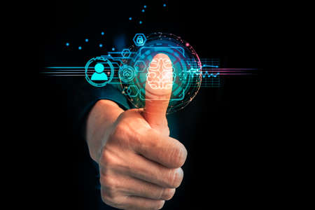 Cyber security using fingerprint indentification to access personal financial data. for E-kyc (electronic know your customer) protection for data access with copy spaceの写真素材