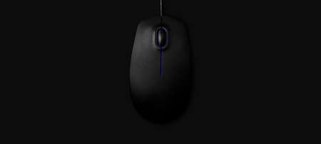 Top view of black computer mouse isolated on gray background - Flat lay banner web with copy spaceの写真素材