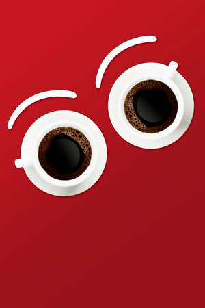 Hot black coffee in a white coffee cup with a saucer on red background - Coffee Poster Advertisement design eye pattern with copy spaceの写真素材