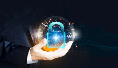 Cyber security data protection. Holding padlock protection business data with virtual network...