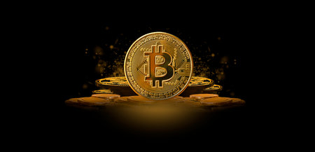 Bitcoin digital money levitates business banner web. Gold sparks with copy space on dark background - Stock Market Conceptの写真素材