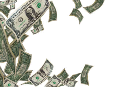 Money falling dollars banknotes isolated on white backgroundの写真素材