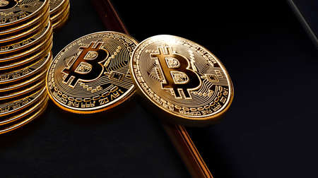 Bitcoin digital money levitates business banner web. Bitcoin on mobile phone with copy space on dark...