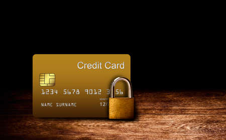 Credit card gold data security concept - Website template design data encryption on credit card key...