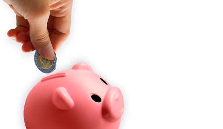Hand holding coin drop pink piggy bank isolated on white background - Website template design saving...