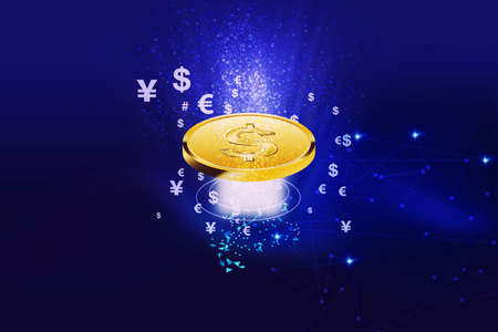Coin golden 3D illustration isolated on dark blue background - Saving money concept with copy spaceの写真素材