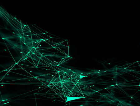 Network, abstract green triangle backgrounds for futuristic, global communications digital with copy spaceの写真素材