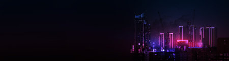panoramic view of the city at night. Banner smart city purple light neon color. Futuristic tone purple, neon color.の写真素材