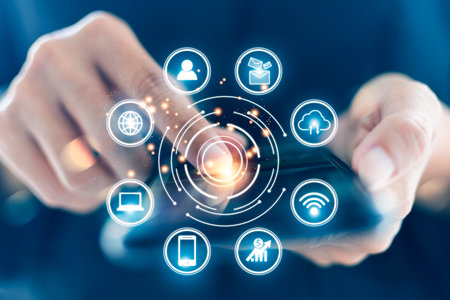 Concept view of man using smartphone with multimedia icon - internet concept. Digital marketing. hand touching touch in circle and icon virtual screen.の写真素材