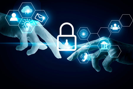 Close-up of human hands touching icon with other icons. Business and fingerprint scanning unlock and access data networks with virtual screen interfaces. cyber security conceptの写真素材
