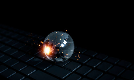 Globe on black keyboard. 3D rendering. Elements of this image are furnished. Globe and keyboard on dark background.の写真素材