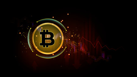 Bitcoin on digital background. Cryptocurrency concept. Trading chart. Bitcoin cryptocurrency digital stacked coins backgroundの写真素材